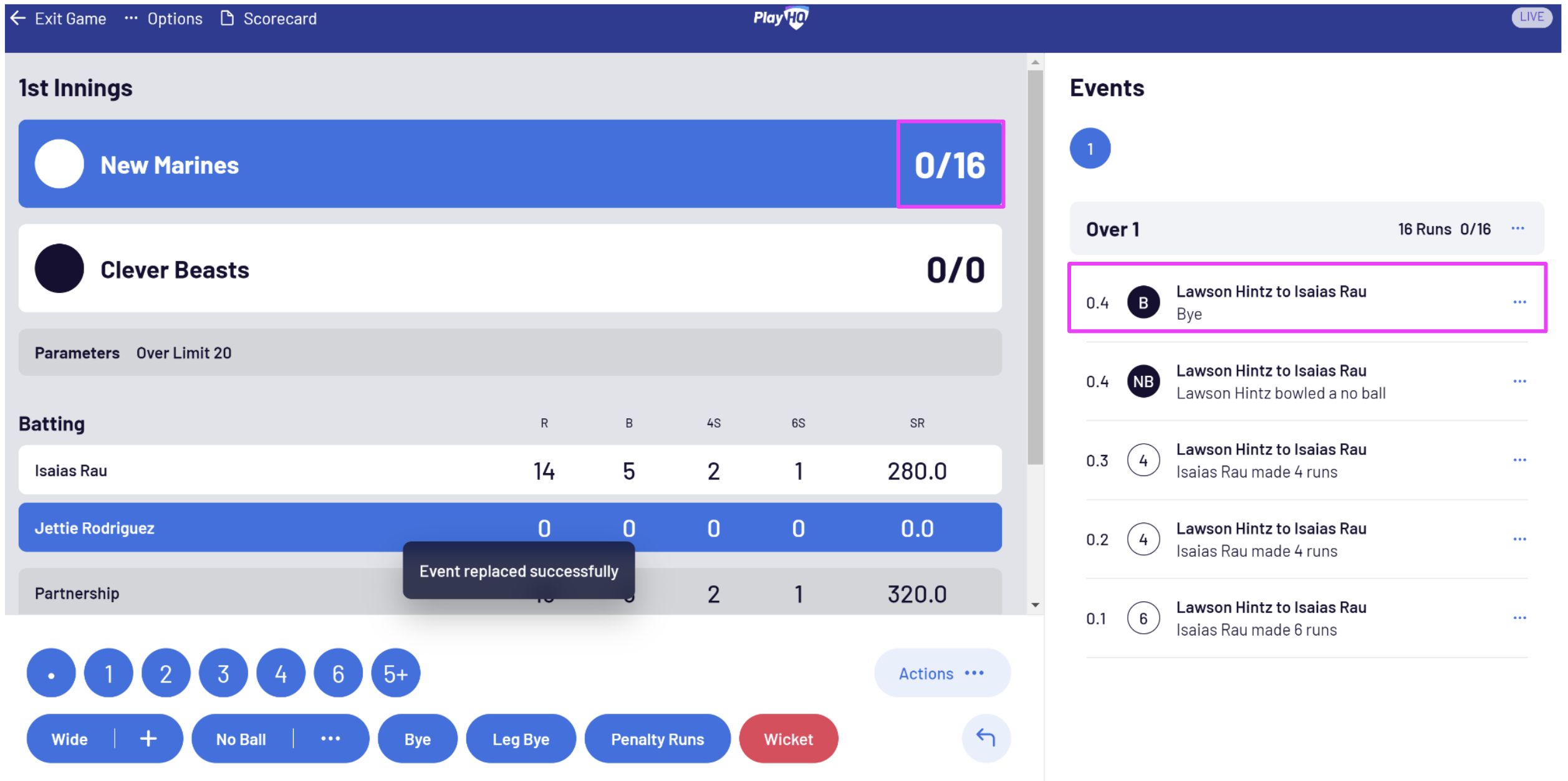 Replace Event - Changing dot balls, runs and extras – PlayHQ