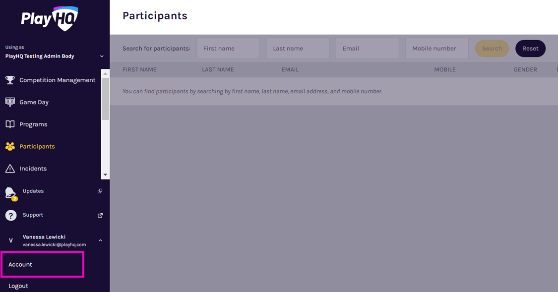 Account menu location