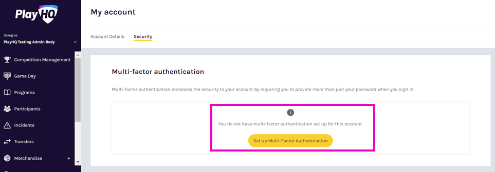Security tab with MFA setup button