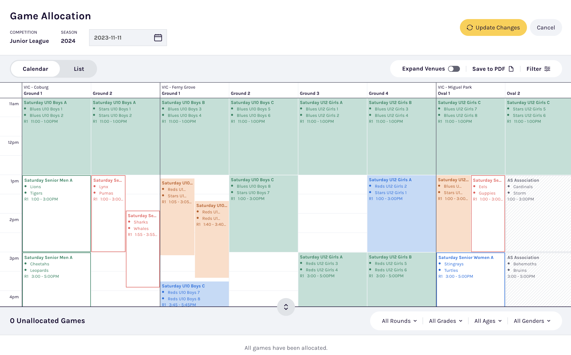Allocating games using the Calendar View PlayHQ