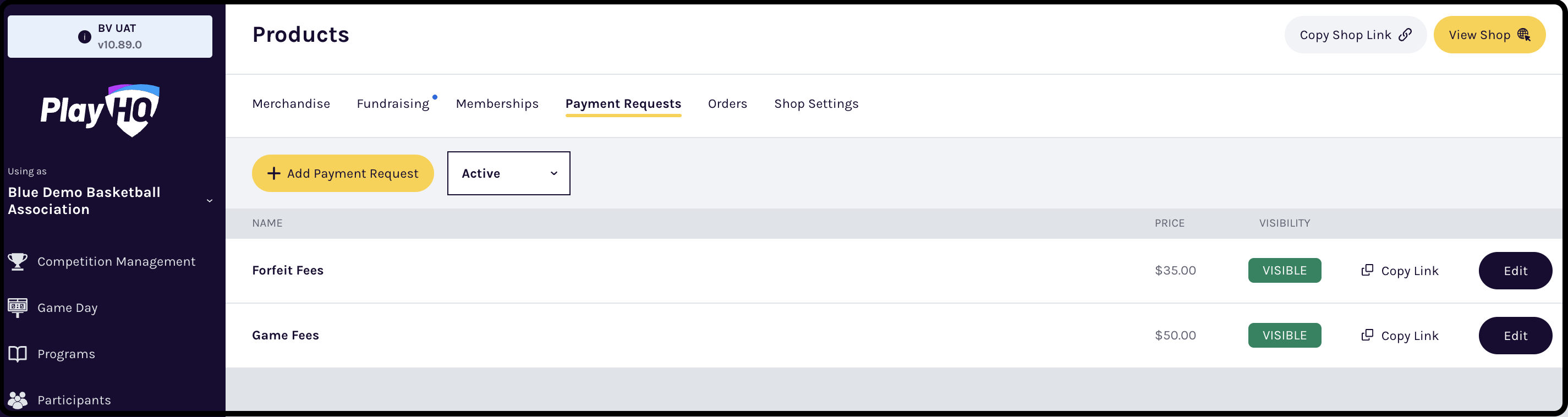 Payment Request list view