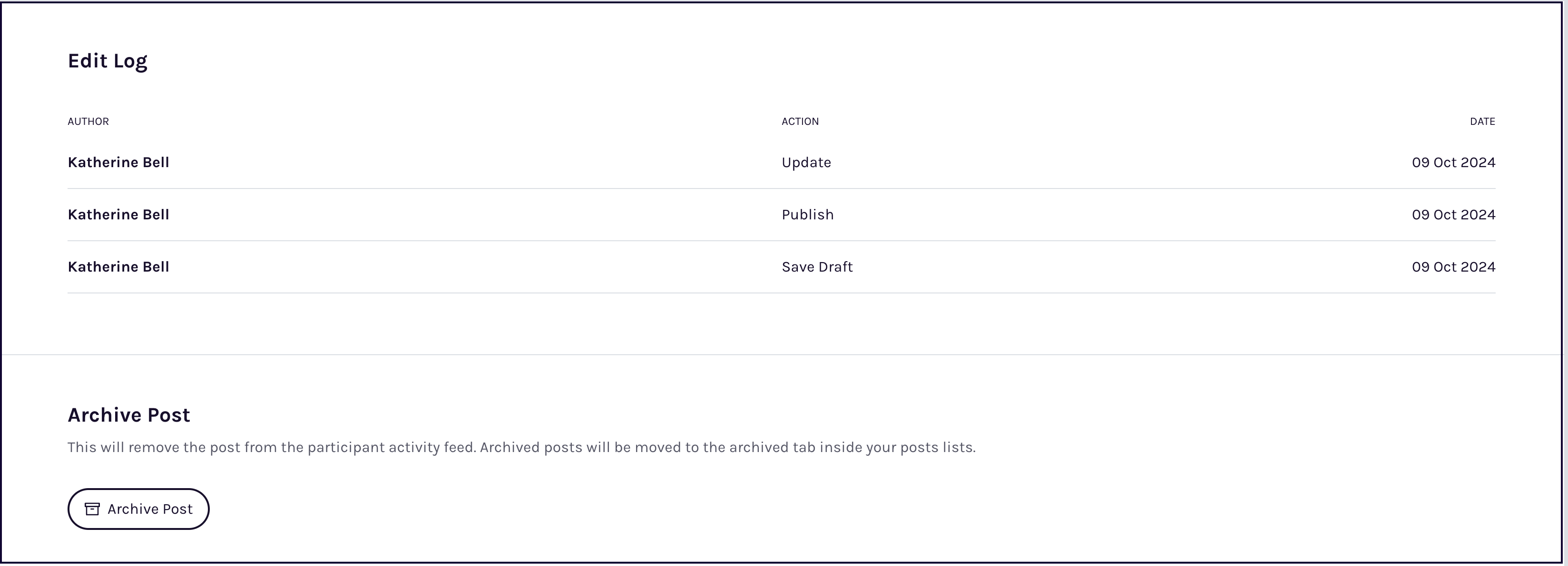 Edit log showing post history