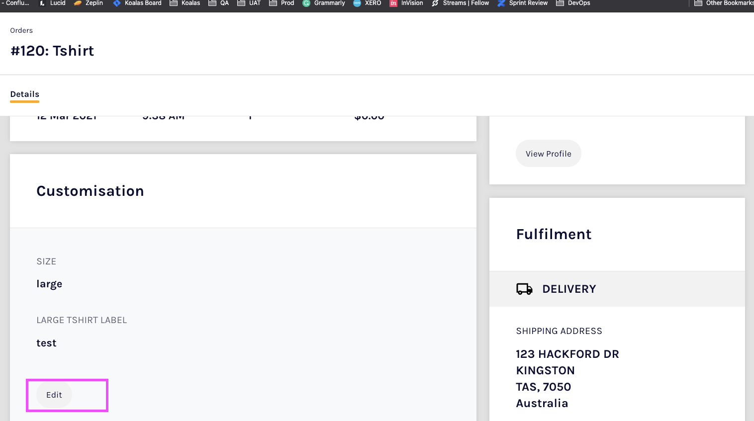 Product customisation edit screen