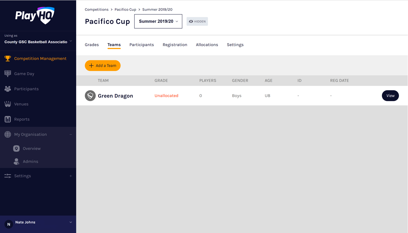 Team management screen