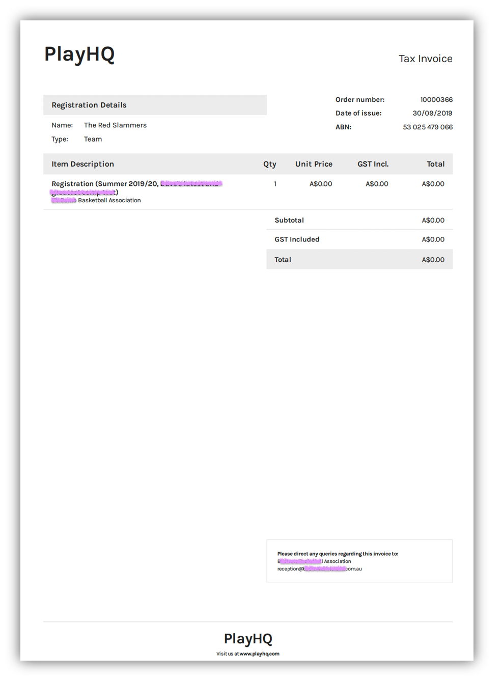 Registration Tax Invoice and Receipt PlayHQ