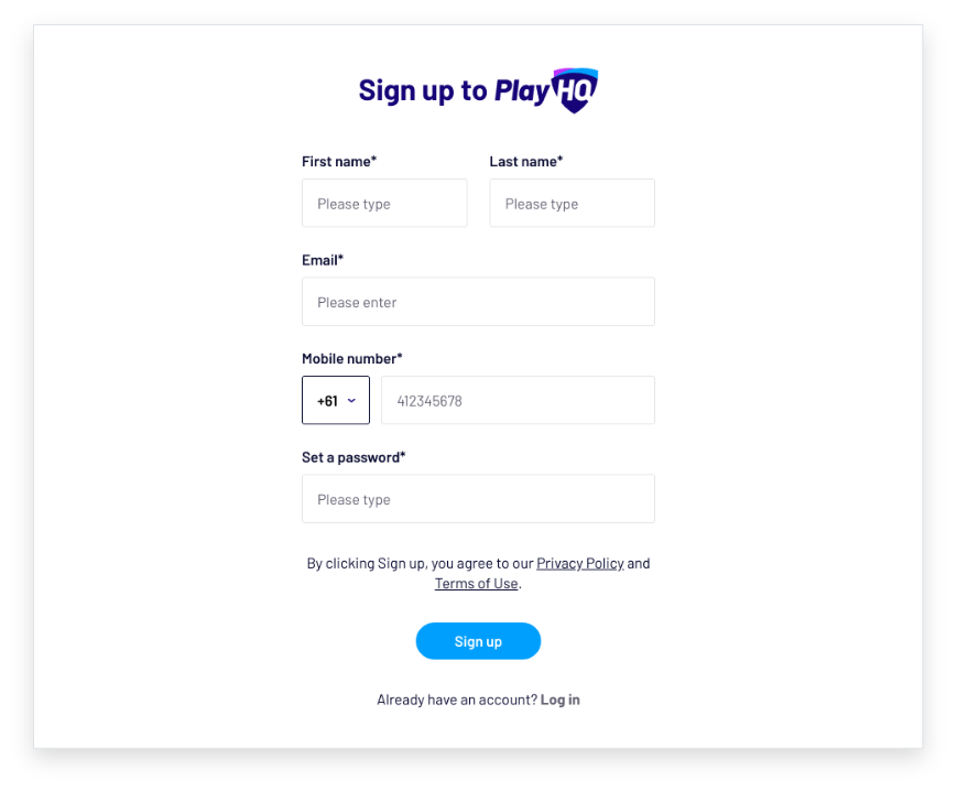 Signing up to PlayHQ using email and password PlayHQ
